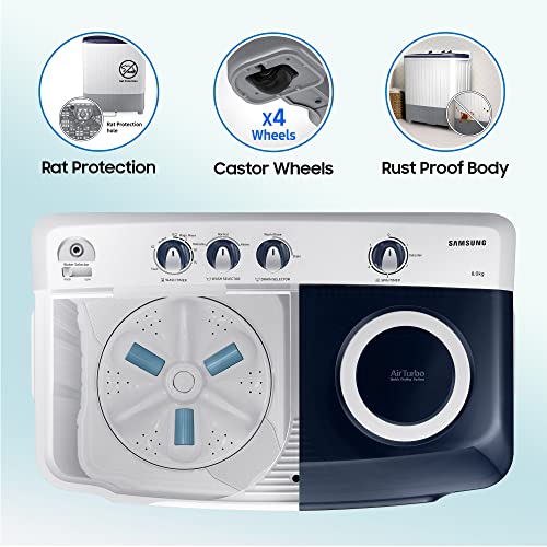 Image of Samsung 8 Kg Semi-Automatic 5 Star Top Load Washing Machine Appliance (WT80R4200LG /TL, Light Grey, Royal Blue Lid (Transparent), Hexa Storm Pulsator)