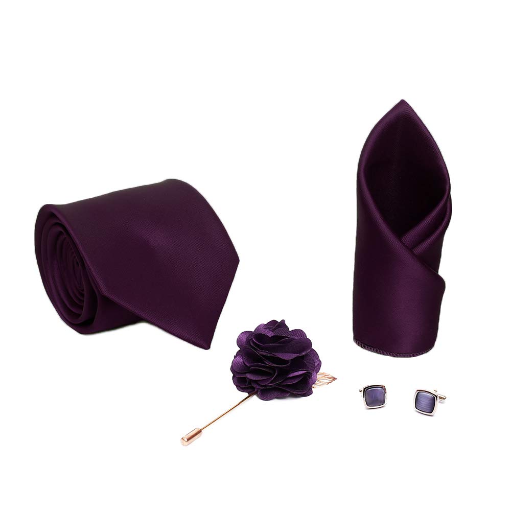 Men's Plain Micro Polyester Necktie Set with Pocket Square, Brooch Pin and Cufflinks (Free Size)-image-35