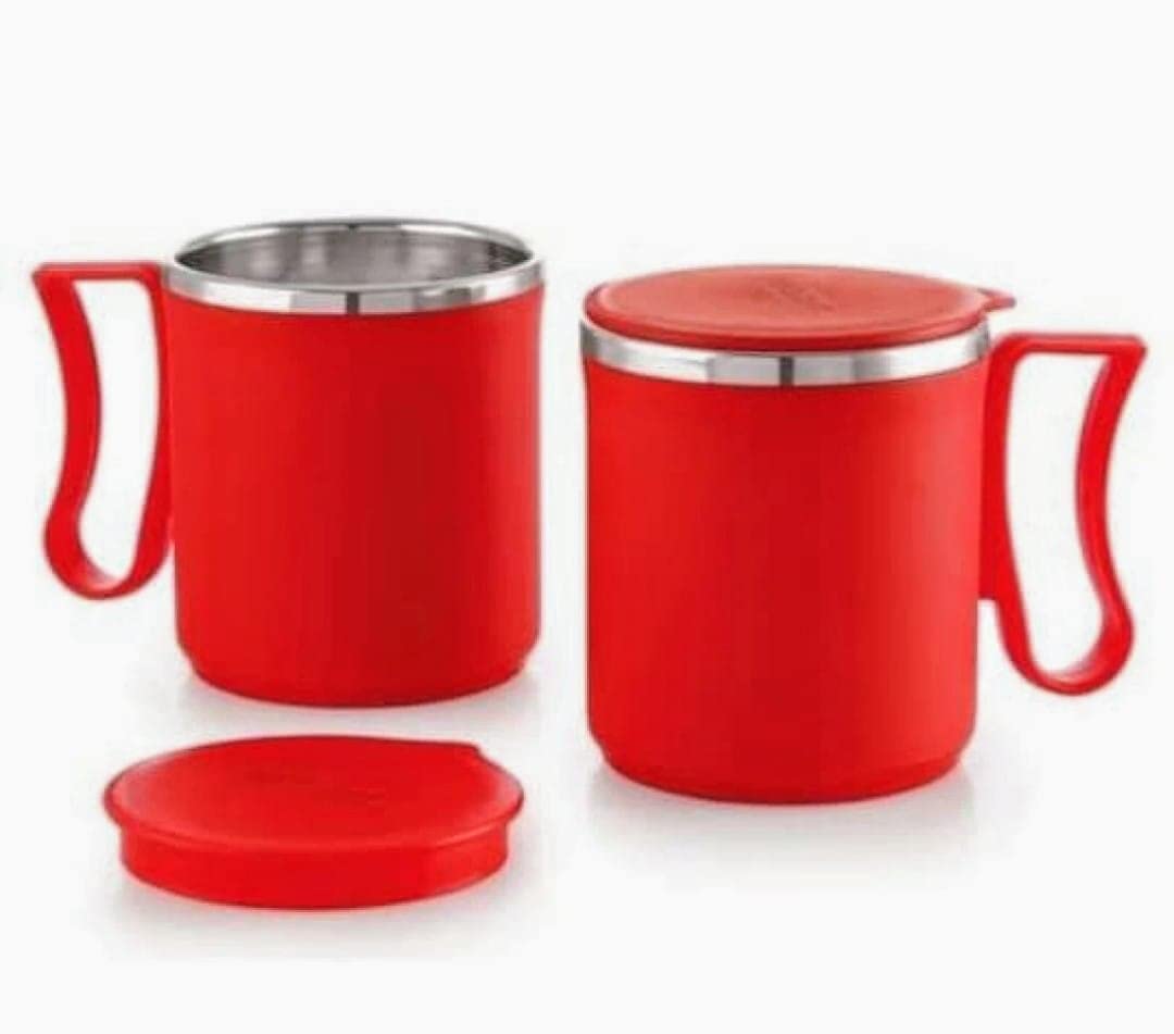 Coffee Mug Plastic Steel Cups for Coffee, Tea, Cocoa, Camping Mugs with Handle (300ml/ 10.1 oz) Small Reusable Mug Carry Hot & Cold Beverage Tea & Coffee Mug (Pack of 2, Red)