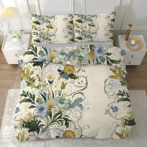 Funda Nordica Cama 105 Ramas De Flores, Ropa de Cama Planta 3 Piezas - Funda Edredon 200x200 Acuarela de Microfibra Suave con 2 Fundas de Almohada 50x75 cm, con Cremallera Y-430