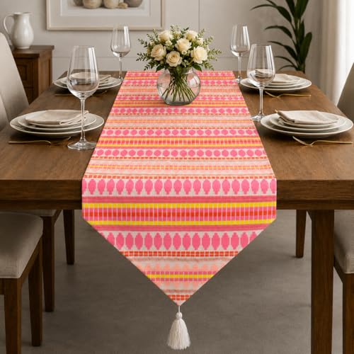 Image of STITCHNEST Woven Table Runner 13x60 Inches | Coral & Pink Geometric Design | Tassel Finish | Modern Dining Table Decor
