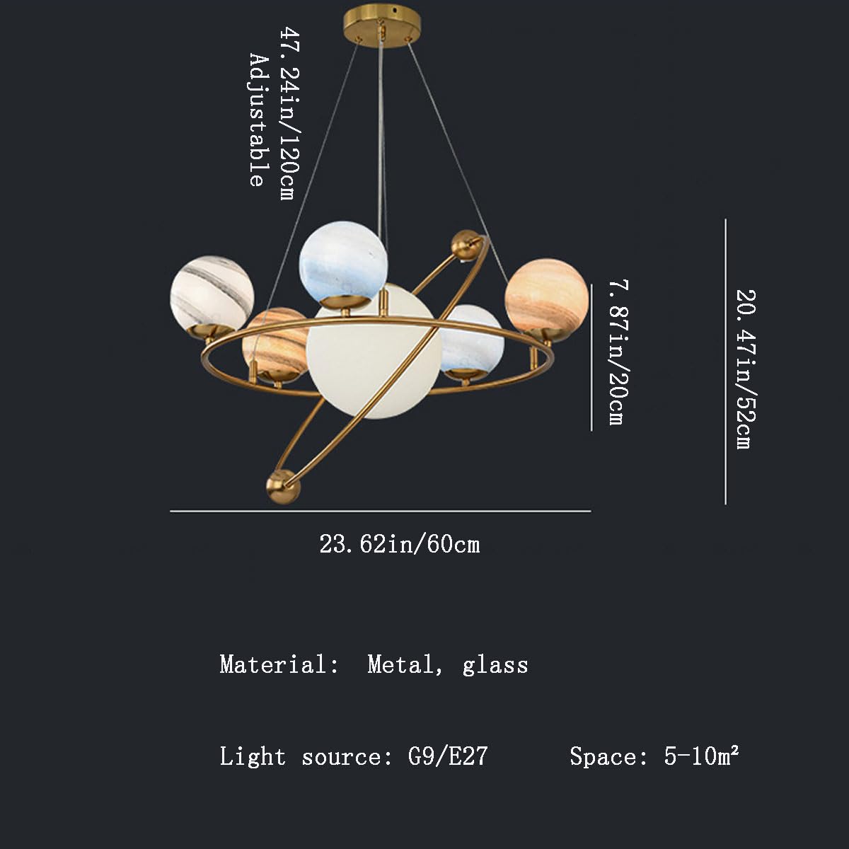 Prosta i kreatywna lampa wisząca z metalu i kreatywny szklany żyrandol Planet doskonale sprawdzą się w jadalni przedszkola.