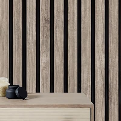 LHIUEM Brown Wood Wallpaper Wall Contact Paper Brown Slat(17.3X118in) Vintage Light Gray Matte Peel and Stick Oak Slat Wood Removable Wallpaper Faux Wooden Panels Wall Paper for Living Room Office