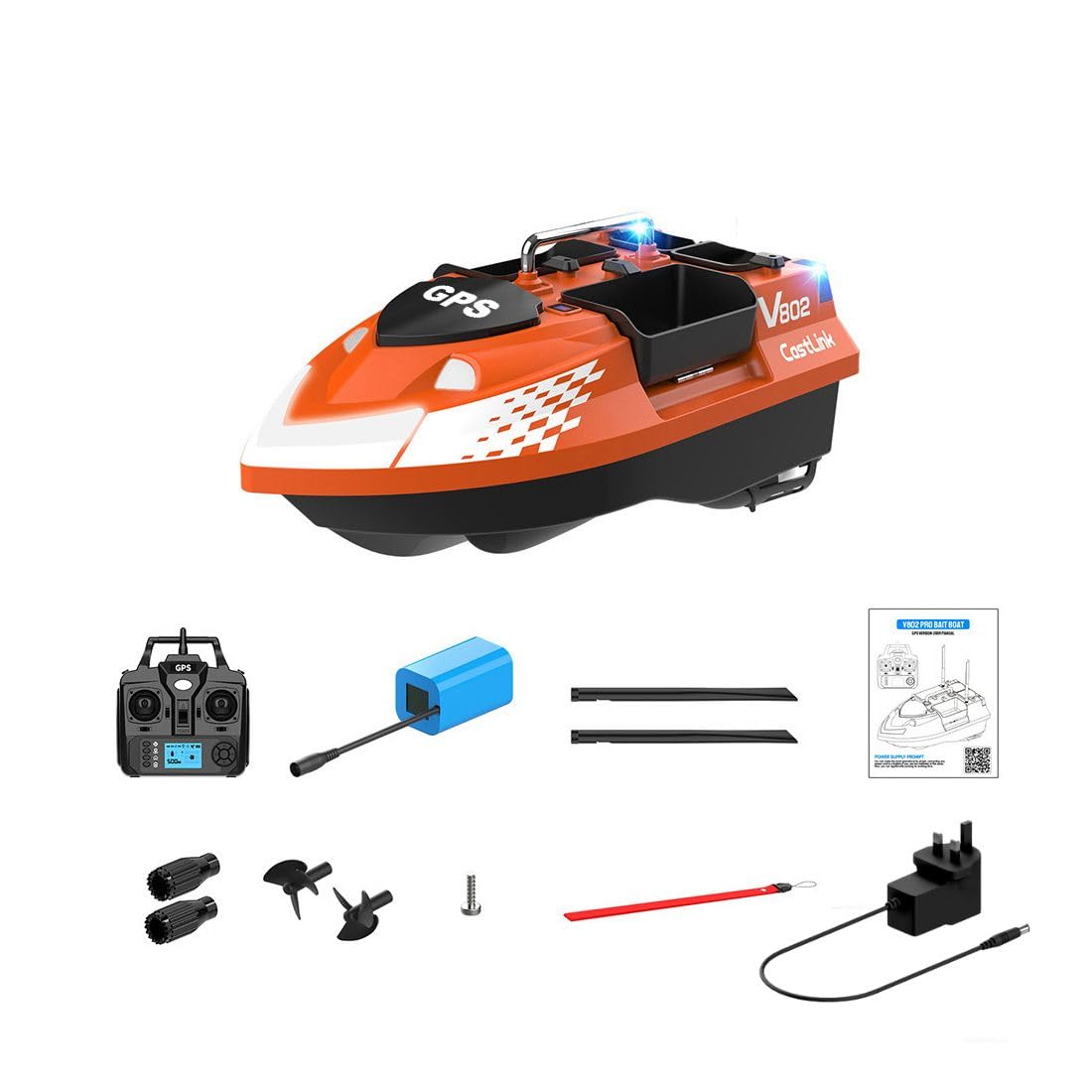 TechSpieler V802PRO RC Bait Boat, 4 Compartments 3KG Large Capacity Fishing Boat with GPS Positioning (Orange)