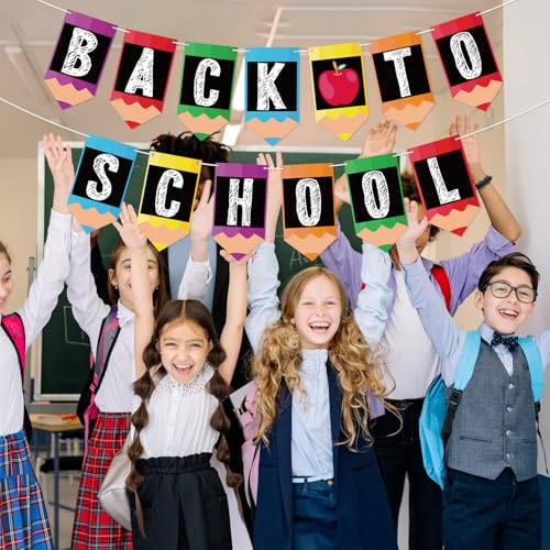 Image of Back to School Banner Welcome Back to School Banner Apples Pencil Garland Photo Backdrop Decor First Day of School Sign for Student Teacher Classroom Kindergarten Preschool Party Decorations