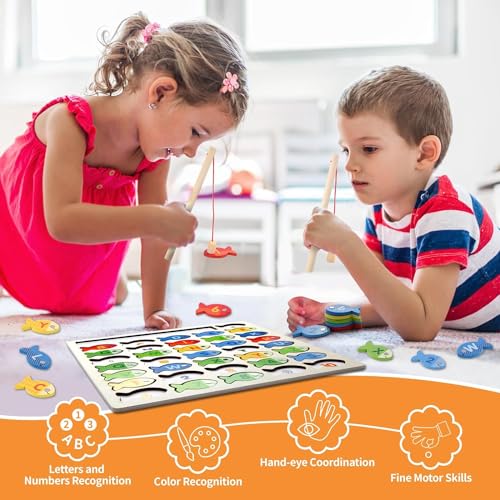 Image of Lefan Wooden Magnetic Fishing Game for Toddlers, Montessori Fine Motor Skills Toy with Letters and Numbers, Preschool Learning ABC and Puzzle Birthday Toys Gift for 3 4 5 6 7 8+ Year Old Kids(2 Poles)