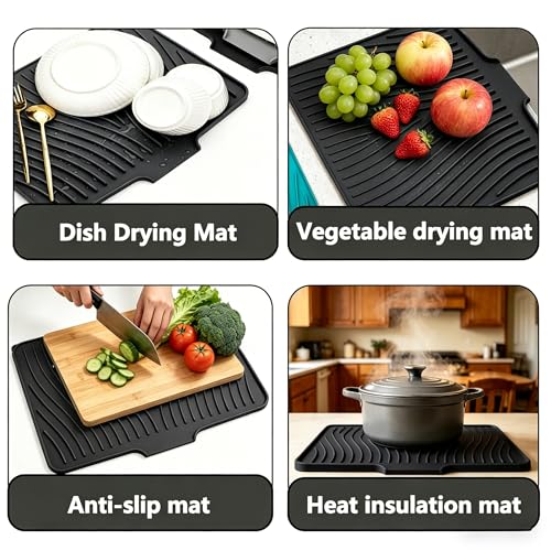 Image of EBIGIC Silicone Dish Drying Mat, 19.7 inch*17 inch Dish Drying Pad,Kitchen Accessories,with Built-In and Non-Slip Drain,Easy Clean, Fit for Kitchen, Bar, RV, Refrigerator and Drawer Liner, Black