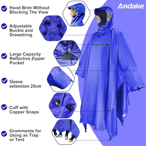 Image of Andake Waterproof Rain Poncho for Adults Unisex,230T Ripstop Polyester,Raincoat Gear with Transparent Viewing Window Outdoors