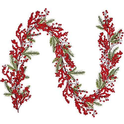 YQing 183 cm Beerengirlande Stechpalme Deko, Weihnachten Tannengirlande mit Rote Beeren und Kiefernnadel, Künstliche Rote Beerengirlande für Urlaub, Kamin, Treppe, Tischdekoration Cover