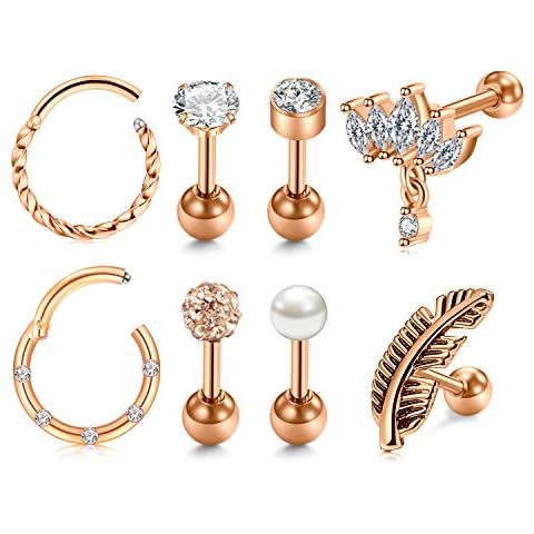 LAURITAMI 16G Stainless Steel Ear Cartilage Earrings Tragus Helix Barbell Clicker Daith Earrings Hoop Cubic Zirconia Inlaid Cartilage Stud for Men Women Cover