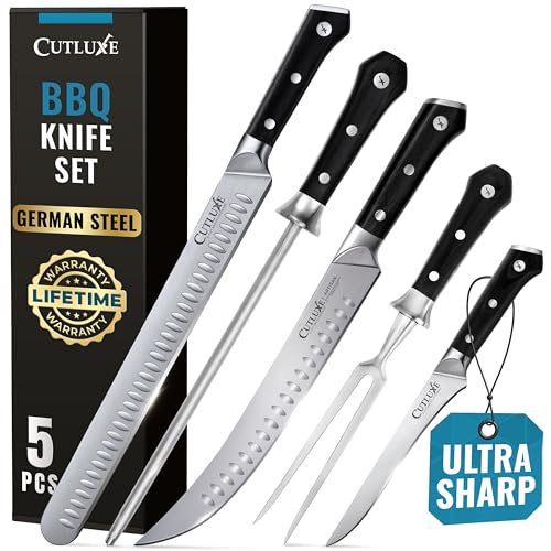 Cutluxe 5-Piece Butcher Knife Set – Slicing Carving Knife Set for Meat Cutting, Ultra Sharp German Steel, Full Tang, Ergonomic Handles – Artisan Series