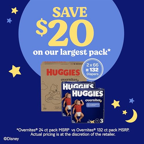 Image of Huggies Size 3 Overnites Baby Diapers: Overnight Diapers, Size 3 (16-28 lbs), 132 Ct (2 Packs of 66), Packaging May Vary