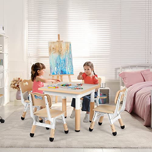 Arlopu Big Kids Study Table And 4 Chair Set, Height Adjustable Toddler Table And Chair Set For 4, Multifunctional Toddler Table, Reading, Drawing, Eating Interaction (Beige, Square Table) #TOP7