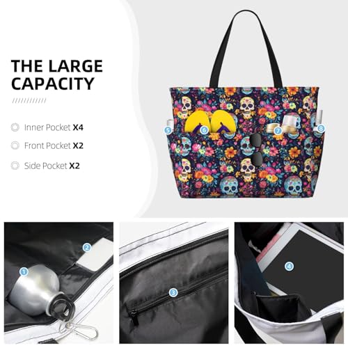 Large Beach Bags for Women Sandproof - Boho Style Skull (A) Print Summer Travel Work Tote Bags with Zipper3
