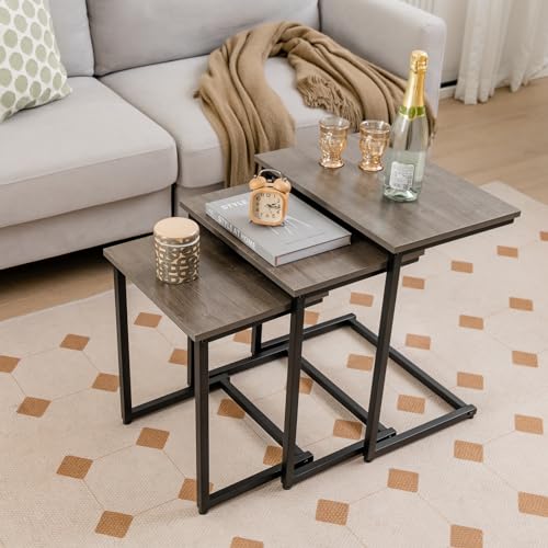 Tangkula Nesting Table Set of 3, Rectangle Stacking Side End Table w/Wood Top & Metal Legs, Adjustable Foot Pads, C-Shaped Accent Coffee Tables for Small Spaces, Living Room (C-Shaped, Gray, 3-pc)