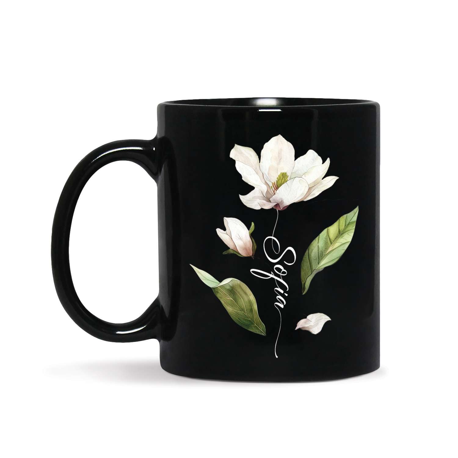Customized Magnolia Blossom Ceramic Mug, Novelty Coffee Cup 11oz 15oz, Personalized Name Magnolia Flower Cup, Flower Themed Black Mug, Custom Magnolia