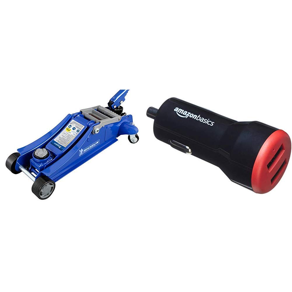 MICHELIN 92416 Cric Hydraulique Rouleur + Amazon Basics Chargeur 2 Ports USB de Voiture pour appareils Apple et Android 4,8 Amp/24 W, Noir/Rouge