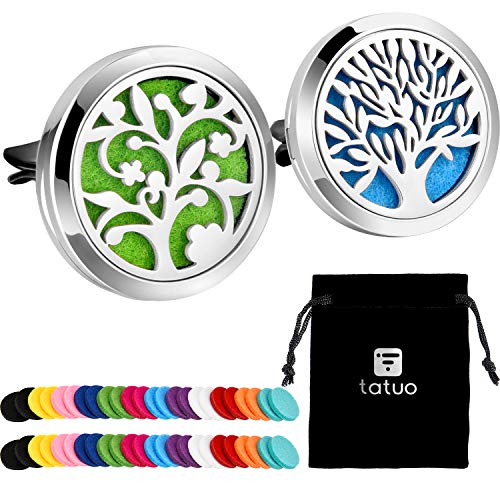 Tatuo 2 Pieces 316L Stainless Steel Car Aromatherapy Essential Oil Diffuser Air Freshener Vent Clip Locket with 48 Pieces Replacement Felt Pad (Tree and Cloud Tree)