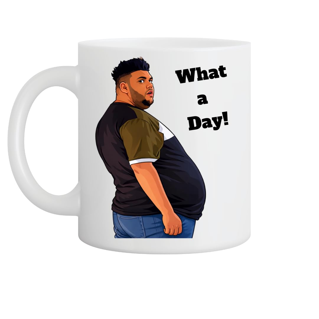 Trendi Funny “What a Day!” Mug – Inspirational Cartoon Character Coffee Cup, 11oz Ceramic Gift for Work, Office Stress Relief, Coworkers, Friends & Family – TikTok Humor Quote Tea Cup