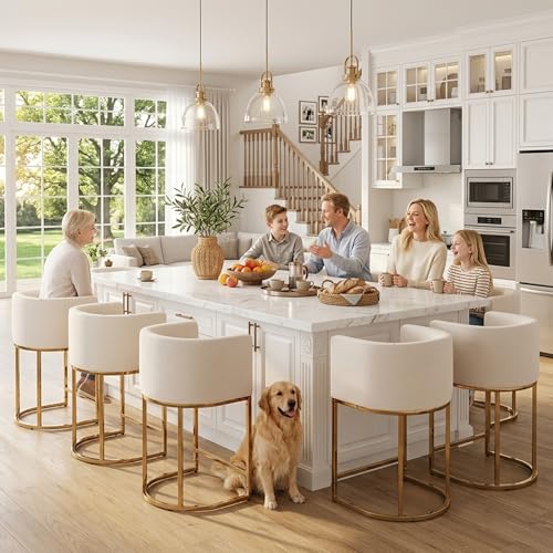 Image of HNY Modern Counter Height Linen Cream Fabric Upholstered Counter Stool Set of 4, 24 Inch Kitchen Island Stool with Gold Metal Frame