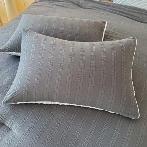 Image of tohrisa Boho Comforter Set Full Size Striped Pleats Bohemian Seersucker Bedding Set All Season Soft Cozy 3 Pieces Quilt with 2 Pillowcases(80 inchX90 inch Dark Grey)