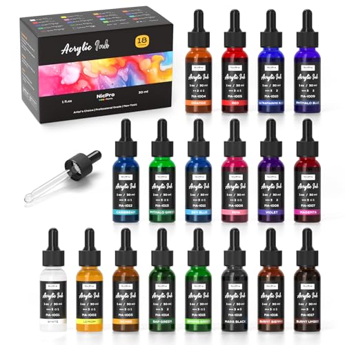 Nicpro 18 Colors Acrylic Ink, 1-oz(30ml) Bottle with Dropper, Quick Dry Permanent Acrylic Drawing Inks for Artist, Essential Color Set for Ink Drawing, Pouring...