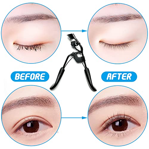 Eyelash Curler With Built In Comb, Eyelash Comb Curlers With Brush Mascara Applicator With 2 Replacement Silicone Refill Pads Separates False Lashes Makeup Tool Stainless Steel Metal Black #TOP1