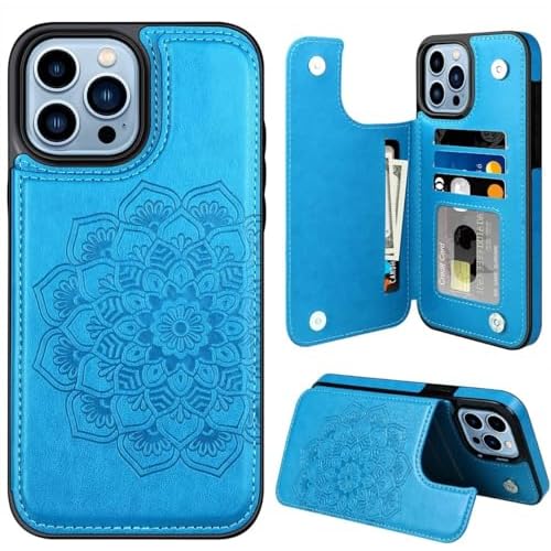 for iPhone 16 Pro Max Case with Credit Card Holder,RFID Blocking,PU Flower Leather Double Magnetic Clasp Kickstand Heavy Duty Protective Cover.(Blue) Blue iPhone 16 Pro Max