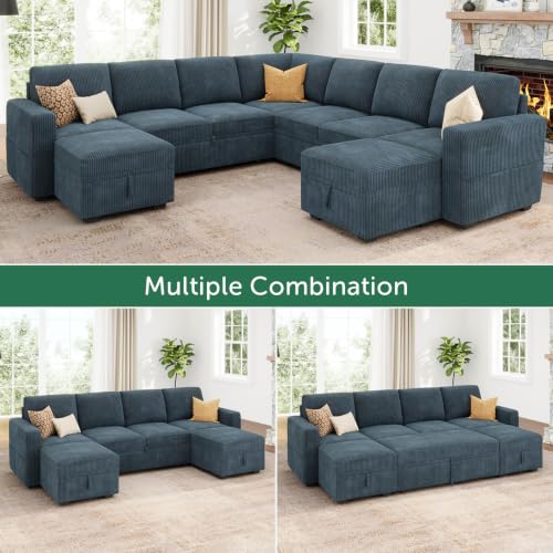Image of HONBAY Modular Sectional Sleeper Sofa with Pull Out Couch, Corduroy Oversized Sectional Couches Pull Out Bed with U Shaped Sleeper Storage for Living Room - Blue