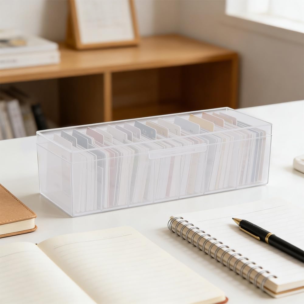 Caja Cartas con 7 Divisiones, Deck Box con Tapa a Presión, 27,8 x 9,9 x 7,8 cm Caja de Tarjetas de Visita, Hasta 800 Fichas de Aprendizaje, Tarjetas de Visita o Postales