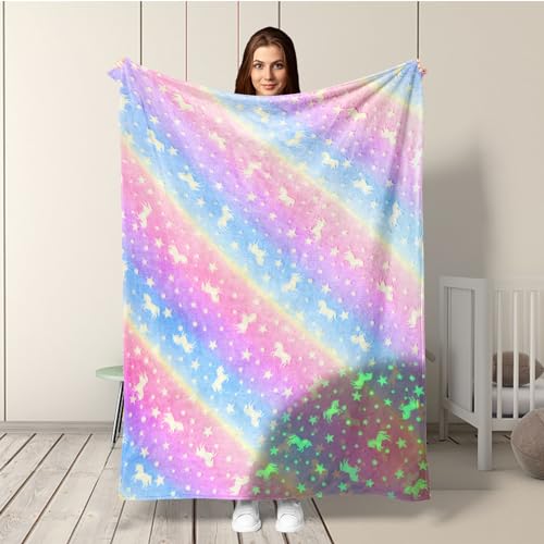 Manta de Peluche para niños y niñas, Unicornio, Brilla en la Oscuridad, Manta de sofá para...