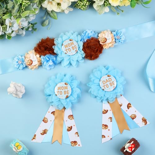 Image of Milk and Cookie Baby Shower Maternity Sash Kit, Chocolate Chip Gender Reveal Belly Belt and Mom to Be Dad to Be Corsage Pins, New Parents Pregnancy Photo Props Party Supplies