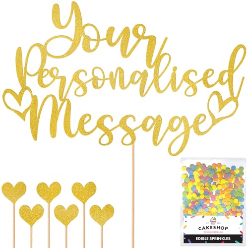 Any Text Personalised Glitter Cake Topper - Gold Name Age Words Glitter Cake Decoration and Sprinkles - Happy Birthday Decorations - Personalised Toppers for Cakes by Cakeshop
