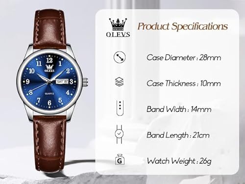 Elegant OLEVS Women's Leather Watch - 28mm Easy Reader Analog Timepiece with Blue Dial and Day-Date Feature for Stylish Small Wrists - Image 5