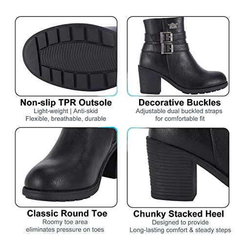 Dream Apparel Women's Chunky Heel Faux Leather Ankle Boots Booties with Side Zipper, Waterproof Black PU Leather Double Buckle Strap Ankle Shoes, Round Toe Mid Heel Short Boots3