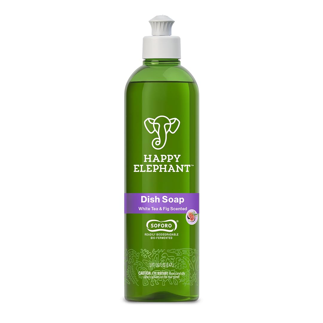 Happy Elephant Dish Soap, White Tea & Fig Scent, Natural Biodegradable Liquid Dish Soap, Plant Based, Grease Fighting, Tough on Food, Gentle on Hands, No Synthetic Fragrance, 12 Fl Oz