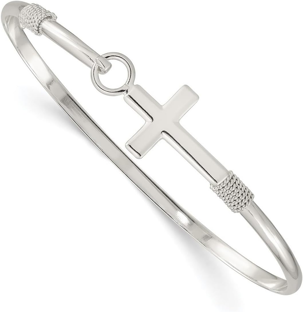 Jewelryweb - 925 Sterling Silver Polished Sideways Cross Stackable Bangle Bracelet - Blessing Jewelry - Cross Bracelet for Women - Confirmation Gift - Christian Jewelry