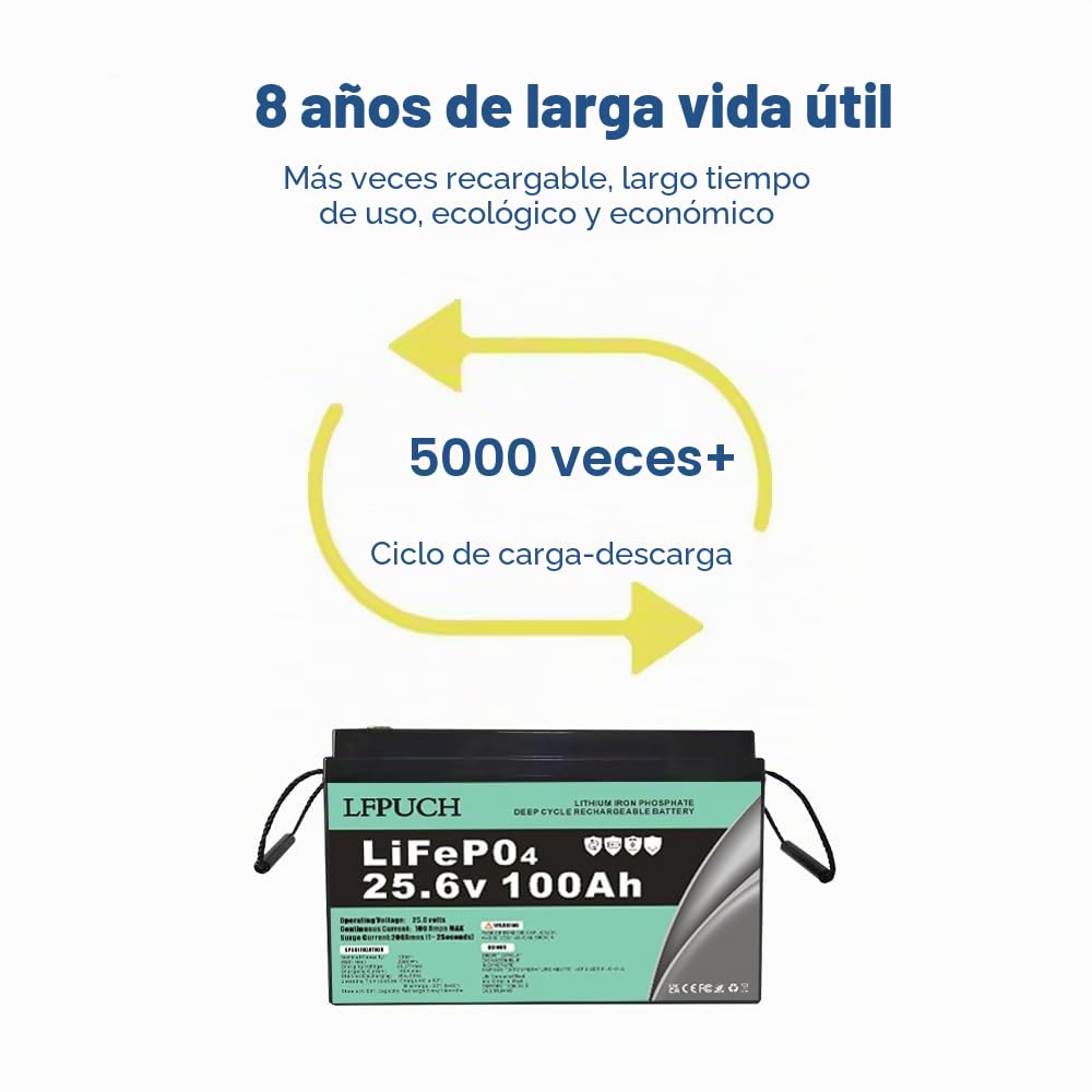 Batería LiFePO4 de 24V 100Ah, batería de fosfato de hierro y litio en lugar de batería AGM batería de ciclo profundo, para vehículos recreativos, botes, sistemas solares, campamentos, etc.
