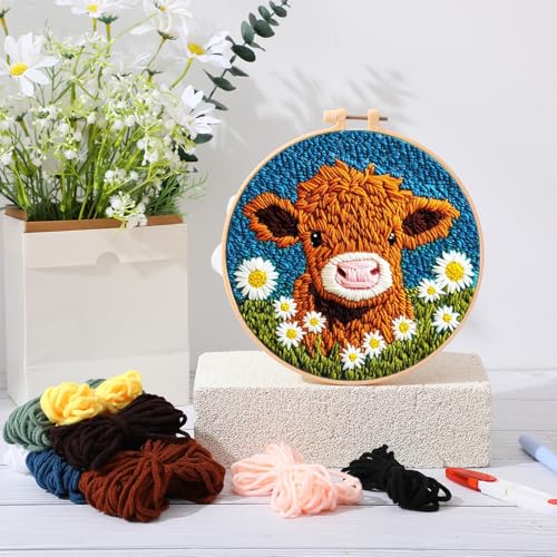 Image of SmoothNovelty Cow DIY Punch Needle Kits for Beginners with Hoop Embroidery Fabric Instructions Thread Punch Needle Craft Set Easy for Starter Adults and Children Gift Decoration, 20x20cm-4