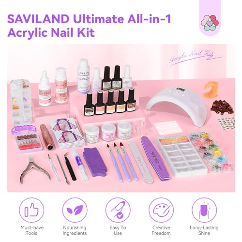 Image of SAVILAND Essentials All-In-1 Acrylic Nail Kit with Drill: Nourishing Nail Kit for Beginners with Everything Clear White Pink Acrylic Powder Liquid Set 88W Nail Lamp Gel Nail Polish For Home DIY