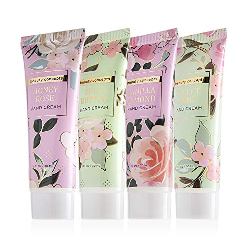 Beauty Concepts Hand Cream Collection- 4 Piece Hand Lotion Gift Set for Women and Girls, Moisturizing Set for Dry Hands, Travel Size Hand Lotion in Shea Butter, Honey Rose, Sweet Mint, and Vanilla Almond