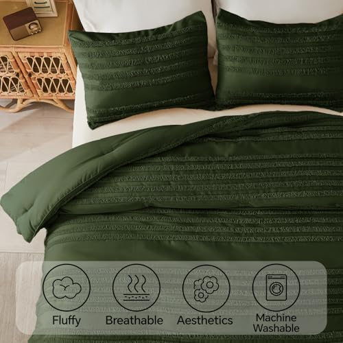 Image of BEDELITE Boho Comforter Set Queen Size, Olive Green Tufted Striped Bed Set 3 Pieces, Soft Vintage Farmhouse Comforter for All Seasons, Boho Home Decor,Fluffy Jacquard Bedding with 2 Pillow Shams