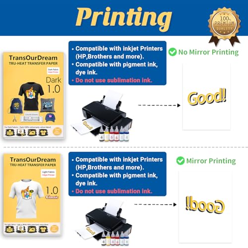 Image of TransOurDream Tru-Heat Transfer Paper for Dark and Light Fabric (50+50 Sheets, 8.5x11 inch, Mix Pack) Printable HTV Heat Transfers Vinyl for Inkjet Printers Iron on Transfers for T Shirts