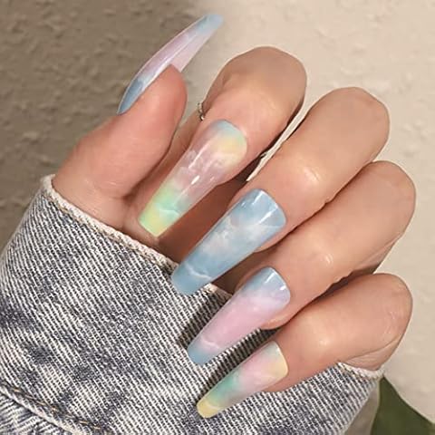 24 PCS Gradient Press on Nails Blue Cloud Fake Nails Glossy Long Coffin False Nails Full Cover Ballerina Nails Tips for Women and Girls Daily or Dating Cover