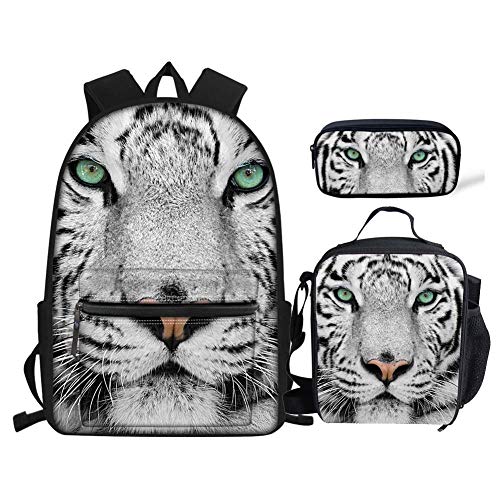 Set di 3 zaini per la scuola softball per ragazzi e ragazze con borsa per il pranzo e astuccio Tigre bianca. Taglia unica Zaini Daypack