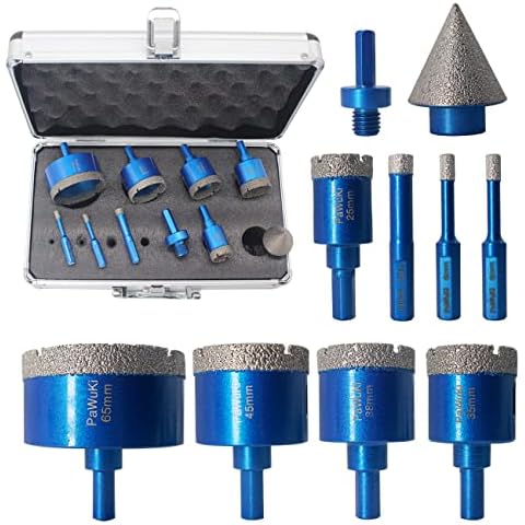 Diamond Hole Saw Kit Triangle Shank Diamond Core Drill Bit Set for Dry Drilling Porcelain Ceramic Tile Granite Marble, 6/6/10/25/35/38/45/65mm+35mm 5/8-11 Beveling Chamfer Bit Cone Tile Bit + Adapter… Cover