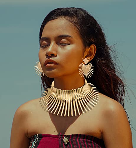 WAINIS African Collar Choker Necklace Earrings Bangle Set for Women Gold Statement Tooth Shape Tribal African Jewelry3