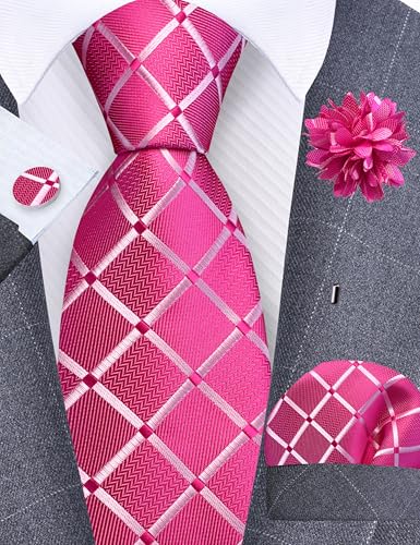 Image of GUSLESON 3.15 inch(8cm) Mens Tie and Lapel Pin Plaid Checkered Necktie Hankerchief Cufflinks Set for Men