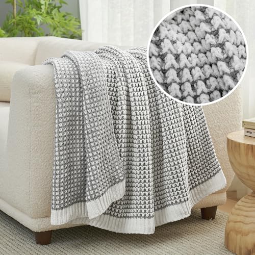 Amélie Home Waffle Chenille Throw Blanket for Couch, Pineapple Stitch Knit Soft Cozy Knit Blanket Decorative Throw for Sofa, Chair, 60"x80", Grey&Ivory