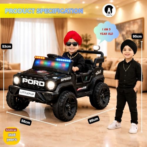 Image of Little Pup 4x4 Electric Jeep Ride-on Car for Kids, 12V Battery Powered, Red Plastic, Remote Control, Bluetooth Music, LED Lights, Manual Drive, Ages 1-6 Years (Black)